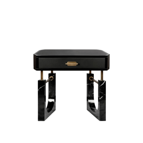 CUBLA — Table de chevet design en bois laqué noir et marbre