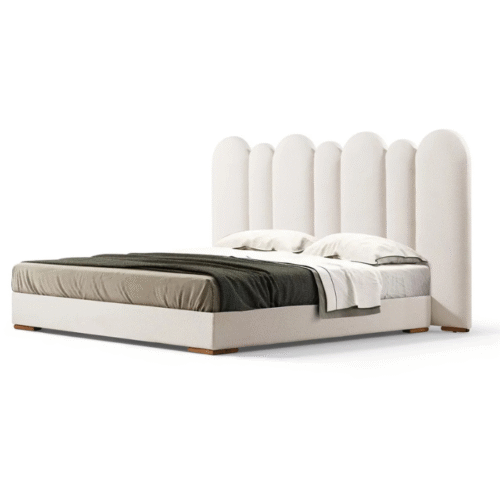 CELESTIA — Lit design avec tête de lit à arches capitonnées en tissu écru