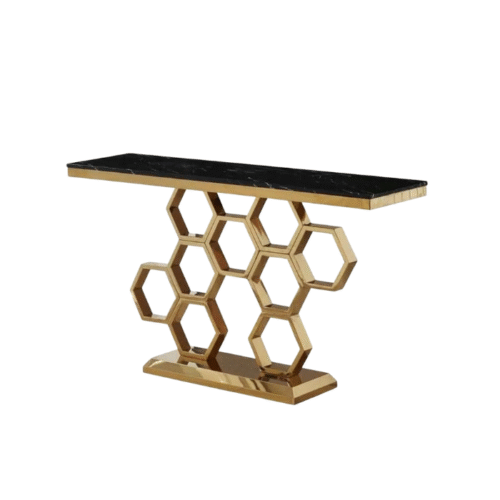 RUSH — Console design dorée avec structure en nid d’abeille et plateau marbre noir