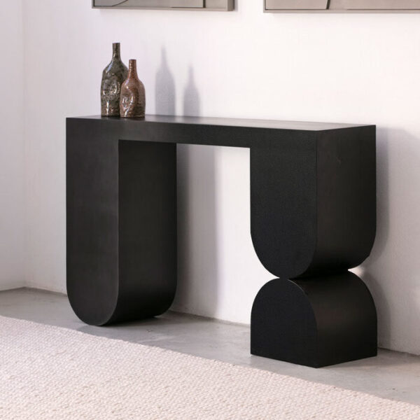 CONSOLE – Table console noire au design sculptural et géométrique